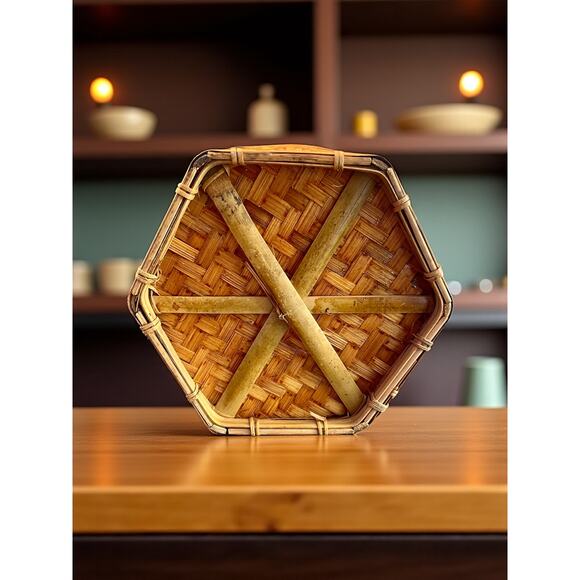 Vintage Bamboo Rattan Basket Waste Bin-Planter-Hexagon Woven Boho-Wicker-Rustic - Picture 3 of 5